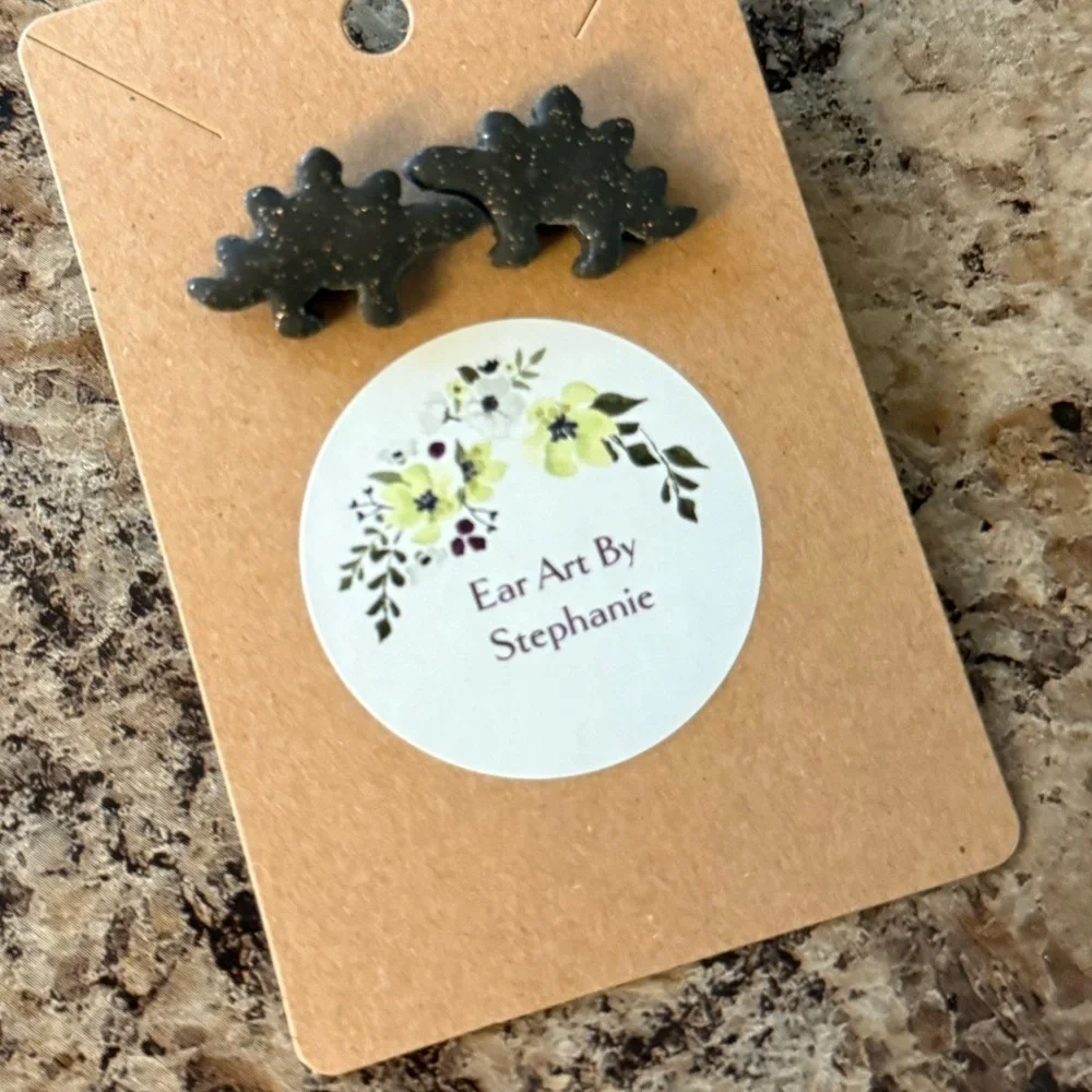 3/$20 Hand Crafted Ear Art by Stephanie Black Dinosaur Earrings - Picture 2 of 3
